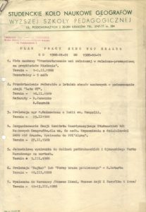 Ryc 1. Plan Pracy SKNG WSP Kraków, 1988 Źródło: Materiały archiwalne